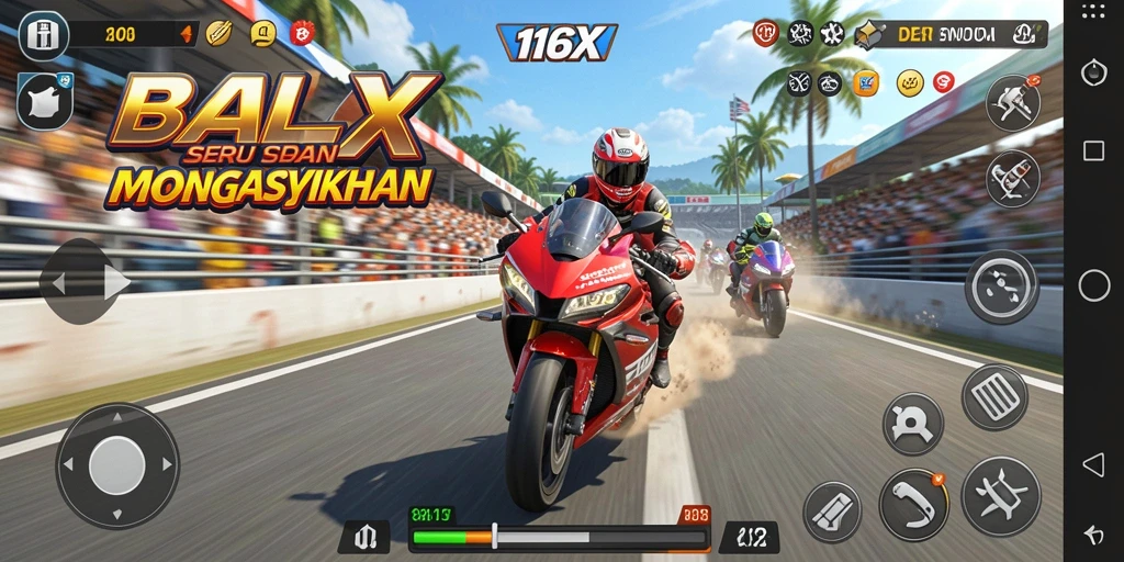 Screenshot 116X menampilkan aksi balap motor yang mendebarkan.