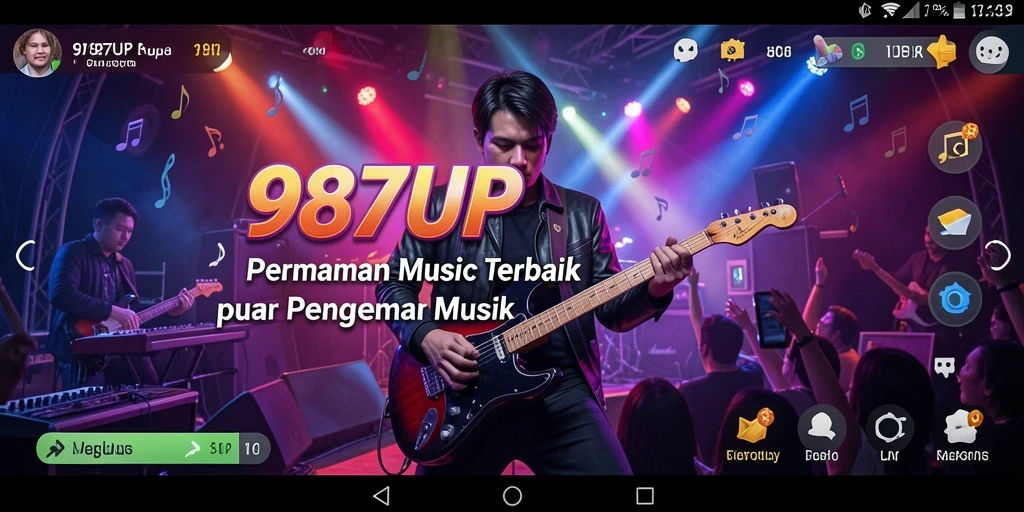 Screenshot utama 987UP menampilkan gameplay musik yang seru.