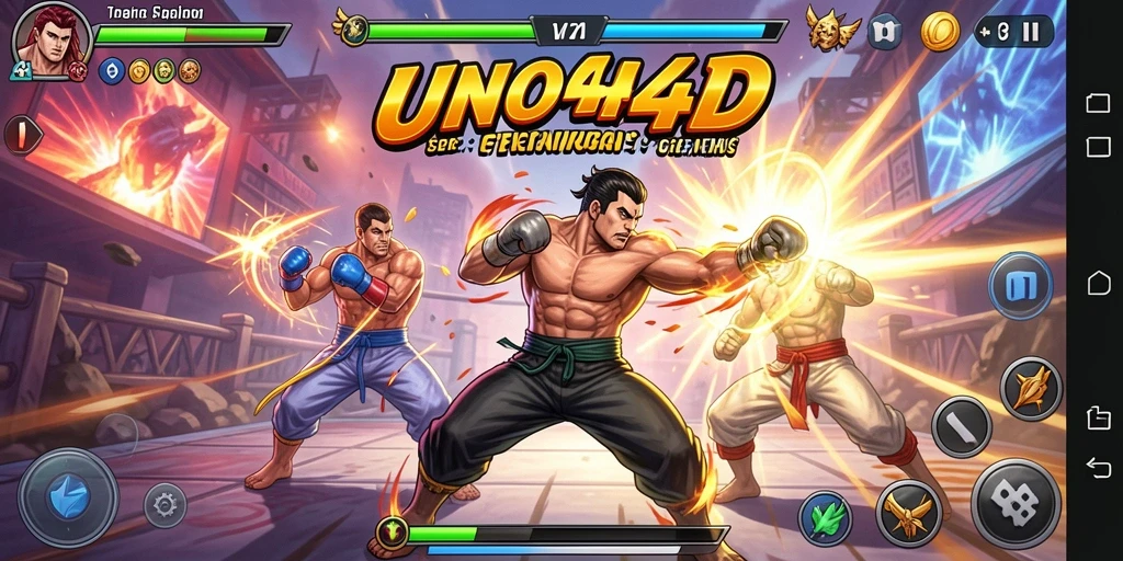 Tampilan gameplay seru dari UNO4D dengan karakter bertarung.