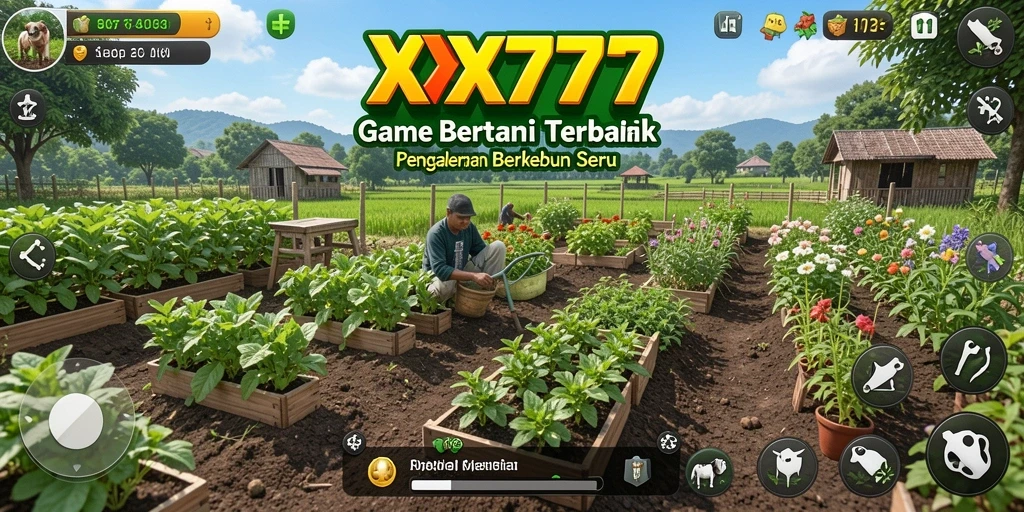 Tangkapan layar gameplay XXX777 yang menunjukkan ladang hijau subur dan aktivitas bertani.